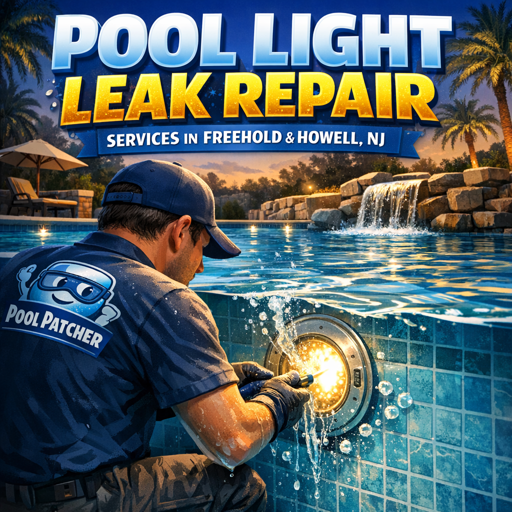 Technician repairing underwater pool light leak with specialized tools in an outdoor residential pool.