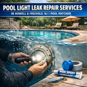 Technician repairing pool light leak with epoxy and patcher in a residential pool in Howell, NJ.
