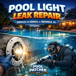 Technician inspecting and repairing a pool light leak in a residential pool in Howell, NJ.