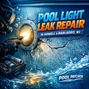 Technician repairing a pool light leak with tools beside a pool at night in Howell and Marlboro, NJ.