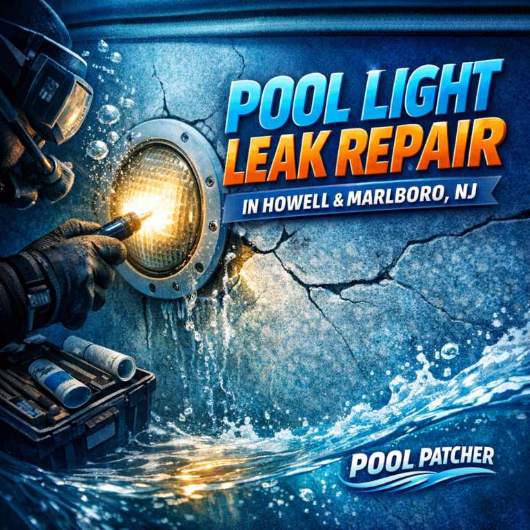 Technician repairing a pool light leak with tools beside a pool at night in Howell and Marlboro, NJ.