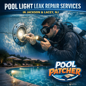Underwater view of a pool light being repaired to fix a leak in Jackson and Lacey, NJ.