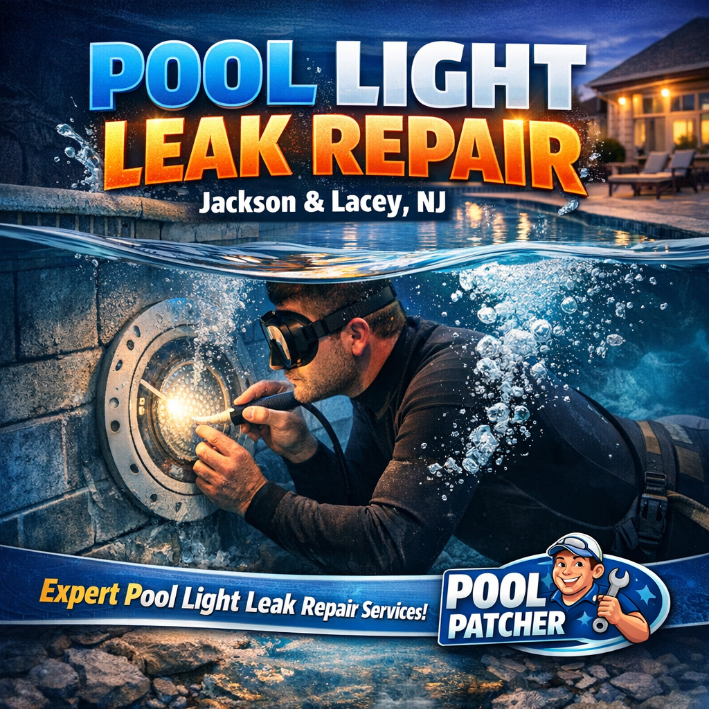 Technician repairing a pool light leak underwater with specialized tools in a residential swimming pool.