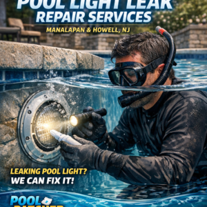 Technician repairing a pool light leak in a backyard pool in Manalapan and Howell, NJ.