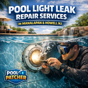 Technician repairing a swimming pool light leak with specialized tools and sealant.
