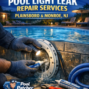 Technician repairing a pool light leak underwater with tools by Pool Patcher in Plainsboro and Monroe, NJ.