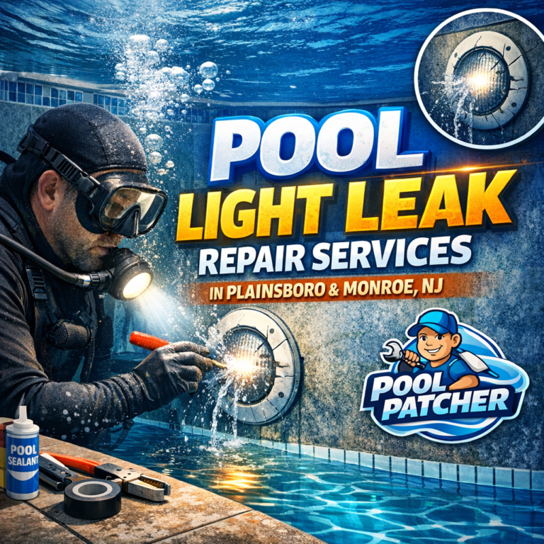 Technician repairing a pool light leak underwater with specialized tools in a residential pool.