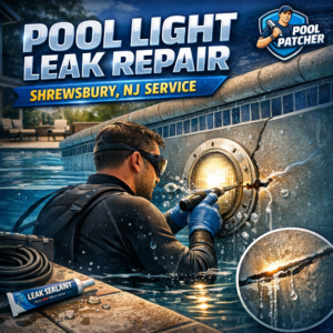 Technician repairing a pool light leak underwater with specialized tools in Shrewsbury, NJ.