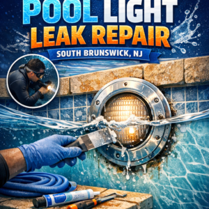 Close-up of a pool light with repair tools fixing a leak, representing pool light leak repair services in South Brunswick, NJ