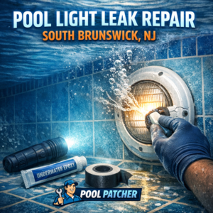 Underwater pool leak being repaired by a diver using specialized tools in a South Brunswick, NJ pool.