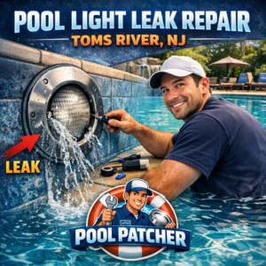 Close-up of a pool light leak repair in progress by a professional technician in Toms River, NJ.