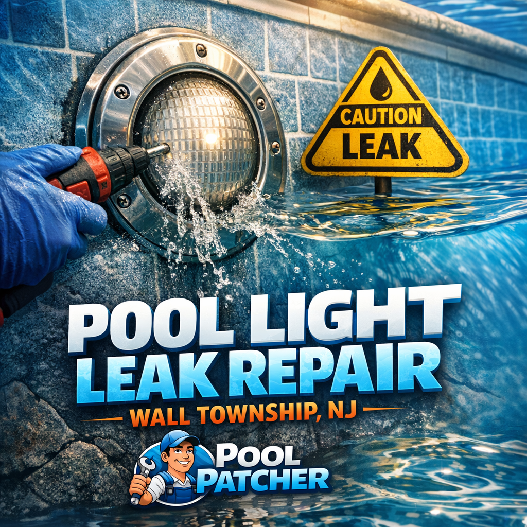 Technician repairing a pool light leak on a residential pool wall in Wall Township, NJ.