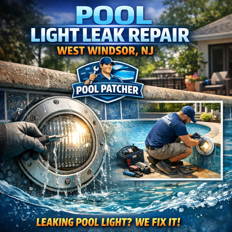 Technician repairing a glowing pool light under water, ensuring leak-free lighting in a residential pool.