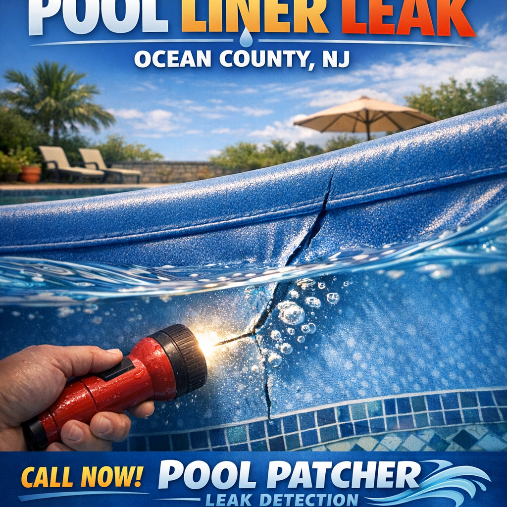 Close-up of a pool liner leak being detected and repaired in Ocean County, NJ by Pool Patcher Leak Detection.