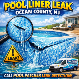 Technician inspecting pool liner for leaks in Ocean County, NJ with specialized leak detection tools.