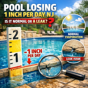 Close-up of a pool with water halfway down, illustrating water loss, evaporation, or leak concerns in New Jersey.