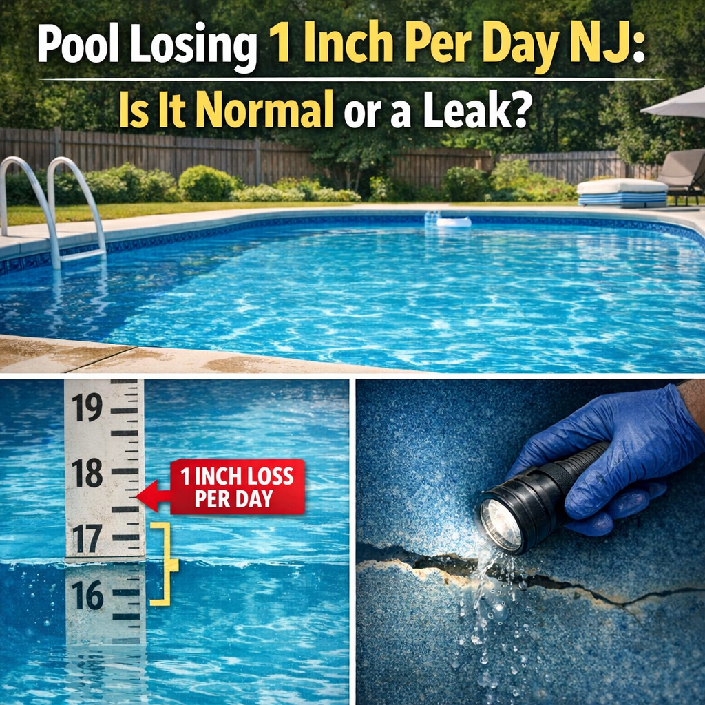 Swimming pool losing one inch of water per day, with a tape measure showing water level in New Jersey.