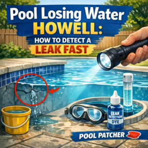 Close-up of a swimming pool edge with colored dye used to detect leaks and patching tools nearby.