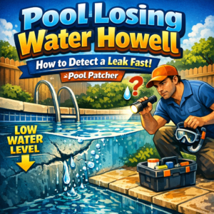 Technician inspecting a backyard swimming pool with low water level to detect a water leak.
