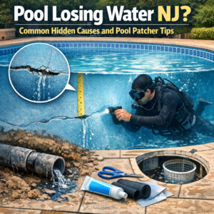 Diver inspecting a pool leak underwater highlighting common causes of pool water loss in New Jersey.