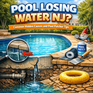 Illustration showing a leaking swimming pool with tips to fix common water loss issues in New Jersey pools.
