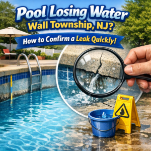 A pool losing water with a close-up of the water level and Wall Township NJ homes in the background.