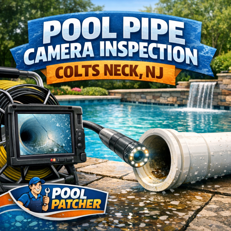 Technician performing pool pipe camera inspection at a backyard pool in Colts Neck, NJ.