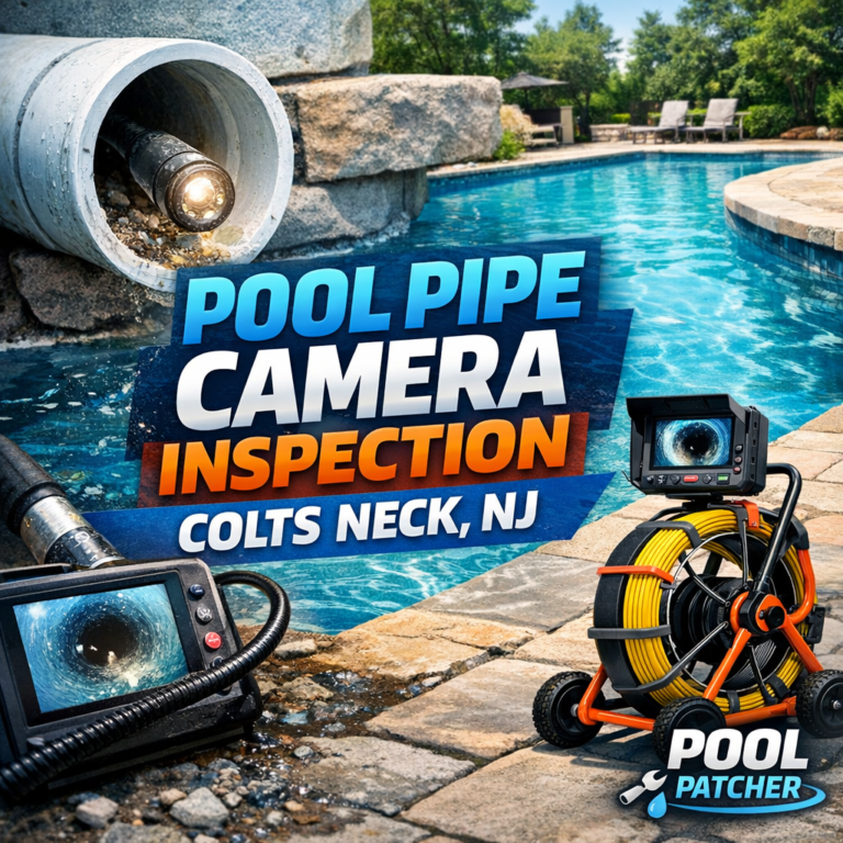 Technician using a camera to inspect pool plumbing pipes during a maintenance service in Colts Neck, NJ.