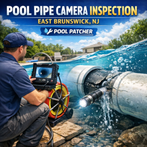 Technician performing pool pipe camera inspection using specialized equipment in East Brunswick, NJ.
