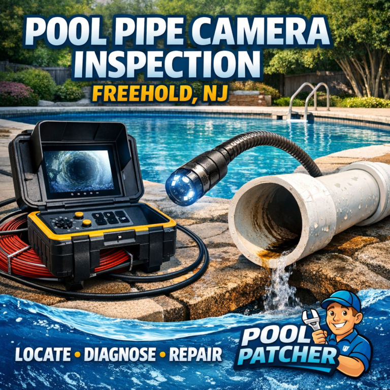 Close-up of a pool pipe camera inspecting plumbing pipes to diagnose issues in Freehold, NJ.