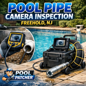 Technician performing pool pipe camera inspection using specialized equipment in a residential pool in Freehold, NJ.