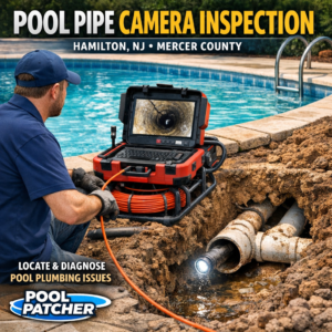 Technician in protective gear conducting a pool pipe camera inspection using specialized equipment in Hamilton, NJ.
