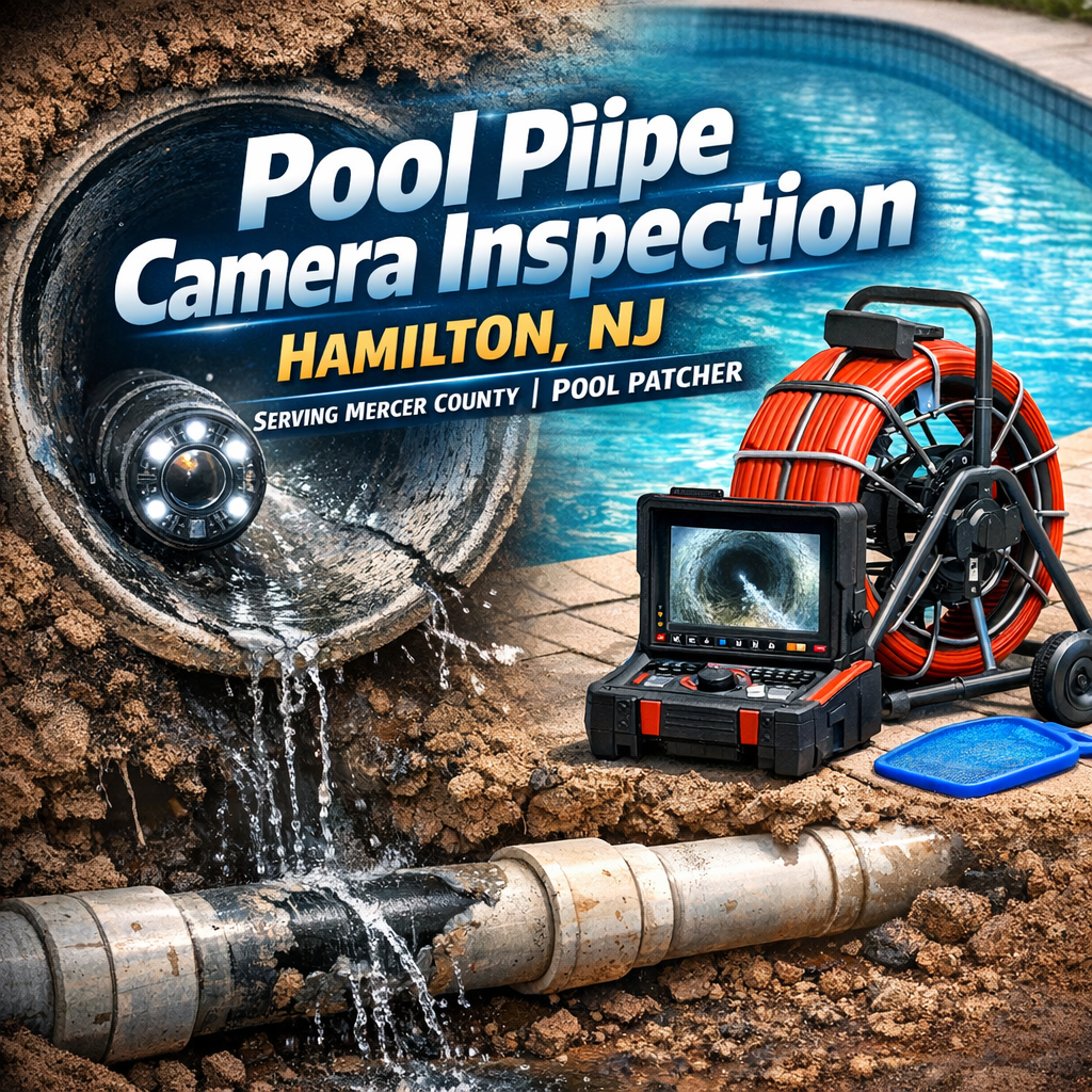 Plumber using a camera inspection tool to examine underground pool pipes in Hamilton, NJ.
