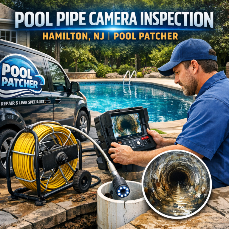 Pool technician using an inspection camera to check pool pipes for leaks in Hamilton, NJ.