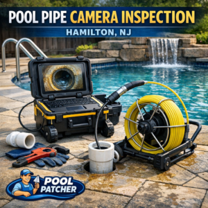 Camera inspection equipment set up next to a swimming pool for pool pipe inspection in Hamilton, NJ.