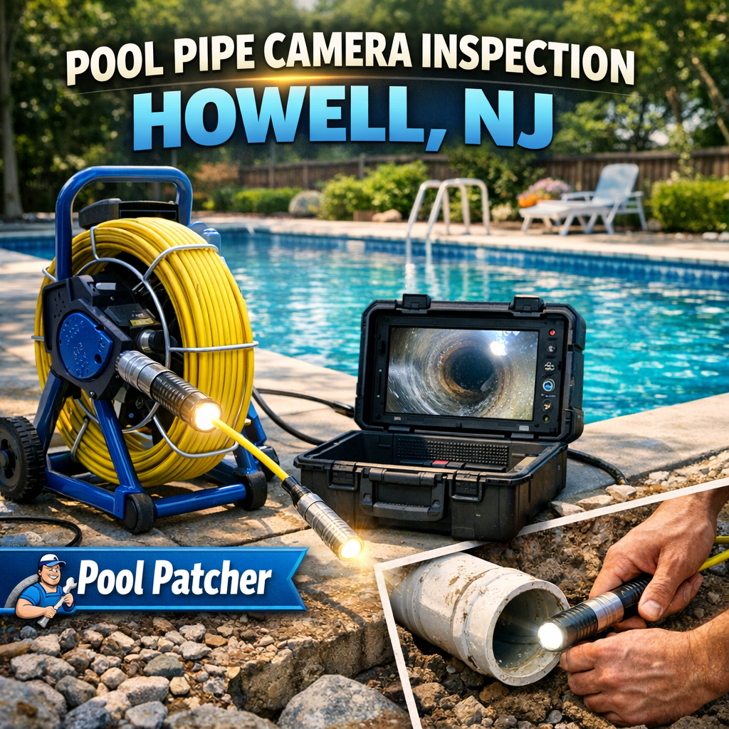 Close-up of a technician inspecting a pool pipe with a camera in Howell, NJ.