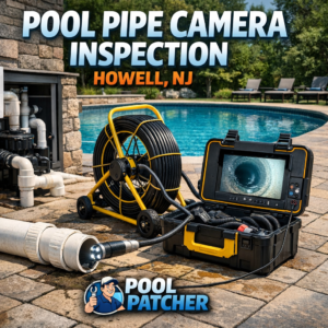 Camera inspection equipment set up beside an outdoor swimming pool in Howell, NJ, for pool pipe examination.