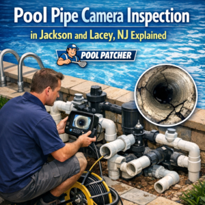 Technician using a camera to inspect pool pipes for blockages or damage in Jackson and Lacey, NJ.