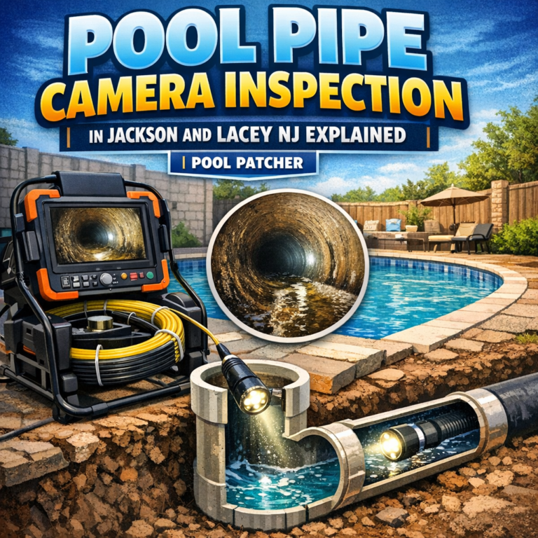 Technician performing a pool pipe camera inspection to check for blockages or damage in Jackson and Lacey, NJ.