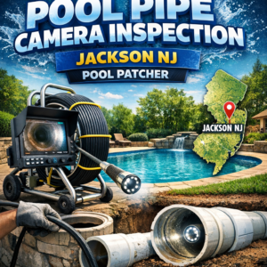 Technician uses a camera to inspect a residential pool pipe for leaks in Jackson, NJ.