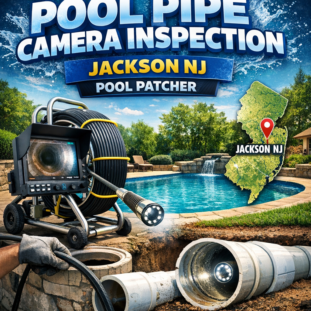 Technician uses a camera to inspect a residential pool pipe for leaks in Jackson, NJ.