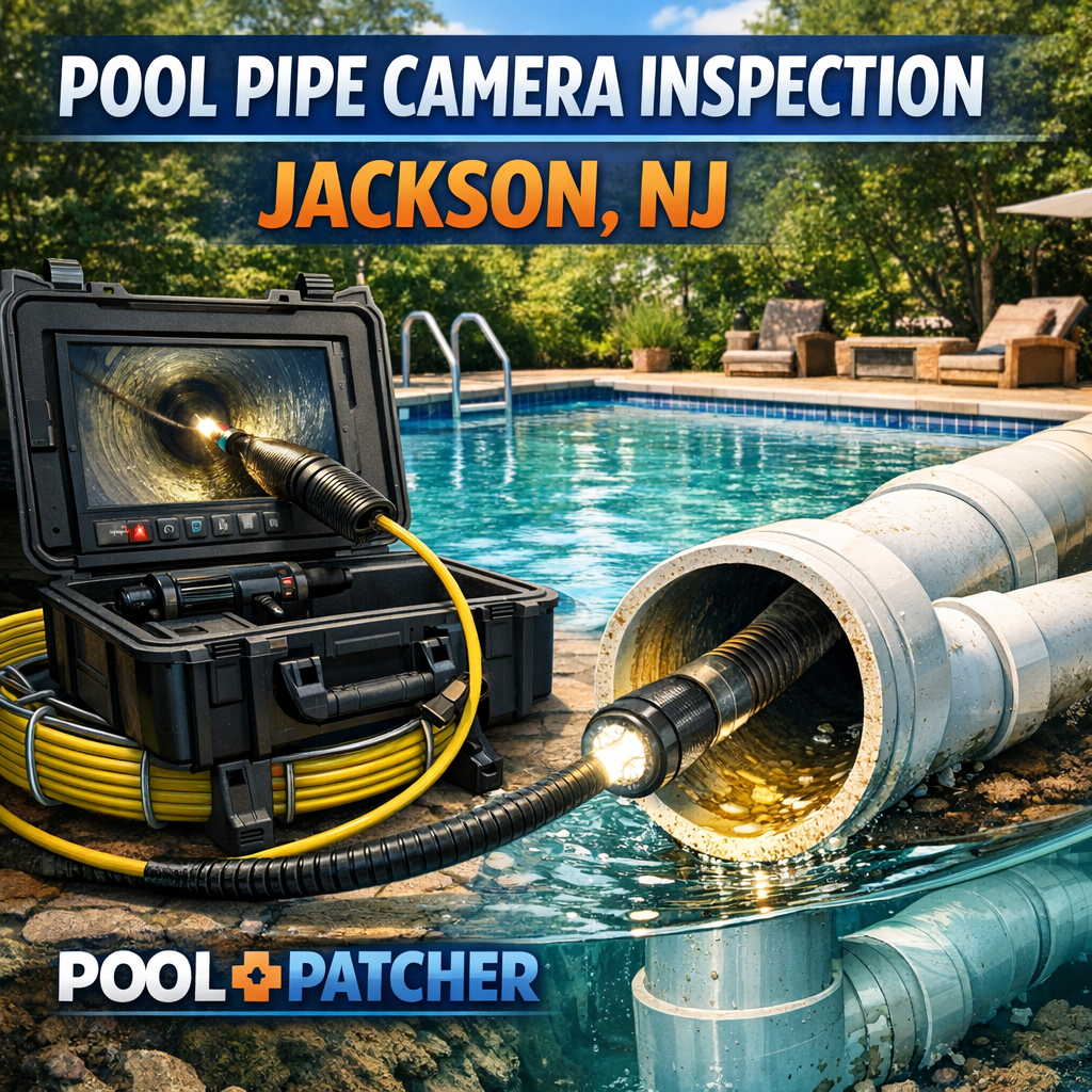 Technician performing underwater camera inspection inside a pool pipe in Jackson, NJ for leak detection.