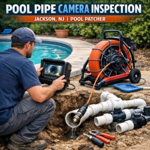 Close-up of a pool pipe interior being inspected with a camera by a professional in Jackson, NJ.