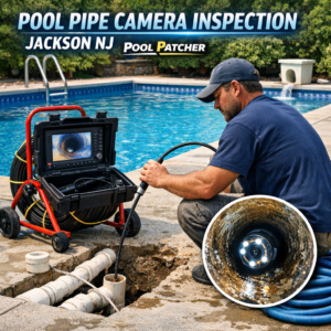 Technician performing a professional pool pipe camera inspection using specialized equipment in Jackson, NJ.