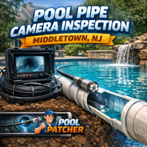Technician performs a pool pipe camera inspection using specialized equipment in Middletown, NJ.