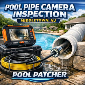 A technician performing a pool pipe camera inspection using specialized equipment in Middletown, NJ.