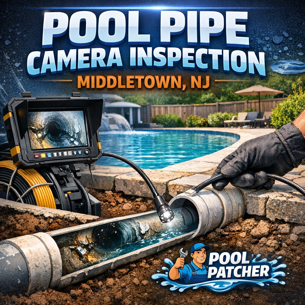 Technician performing pool pipe camera inspection inside a pool pipe with equipment in Middletown, NJ.