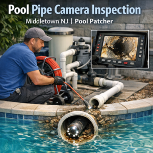 Close-up of a camera inspecting a pool pipe during a pipe inspection service in Middletown, NJ.