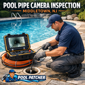 Technician performing a professional pool pipe camera inspection using specialized equipment in Middletown, NJ.