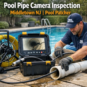 Close-up of a pool pipe interior during a professional camera inspection in Middletown, NJ.